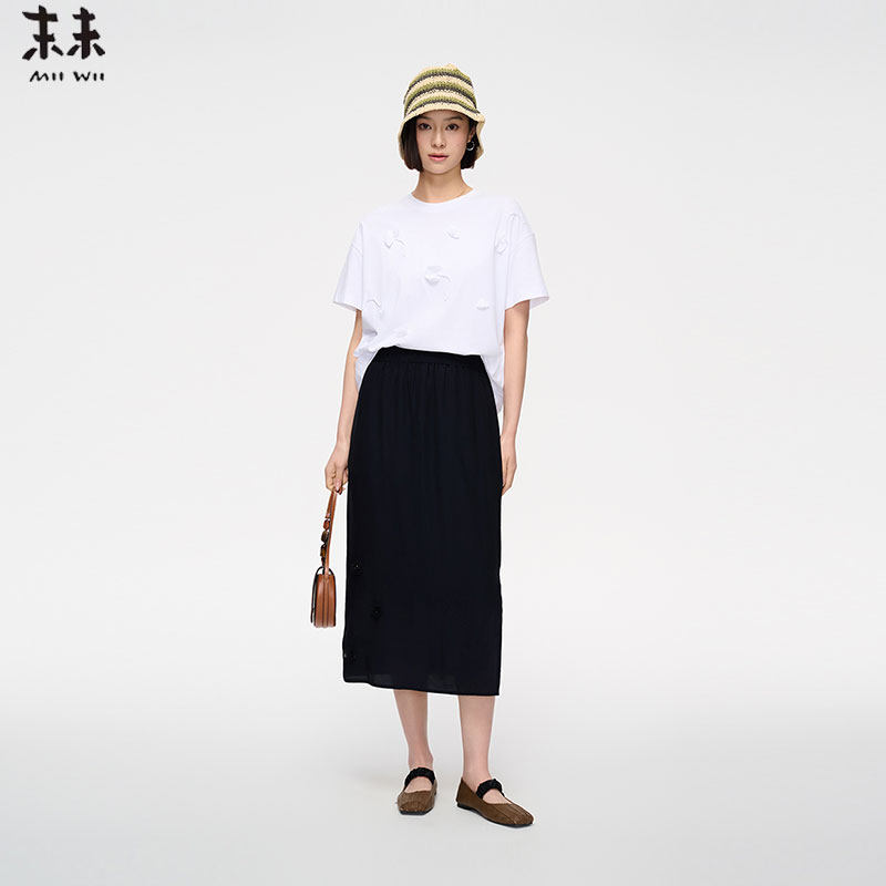 MIIWII末未25夏白色针织贴花圆领上衣慵懒宽松短袖女T252426