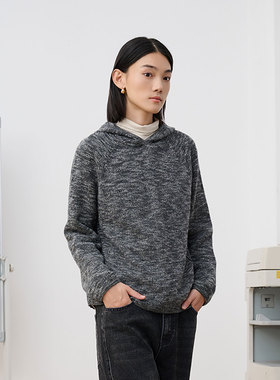 MIIWII末未25冬黑灰色绵羊毛连帽针织衫女简约通勤套头衫X254337