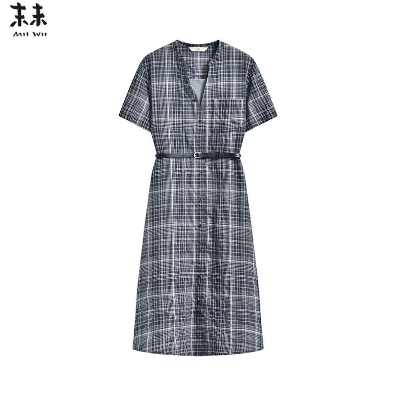 MIIWII末未25夏黑白格纹v领收腰显瘦高智感连衣裙(带腰带)L252537