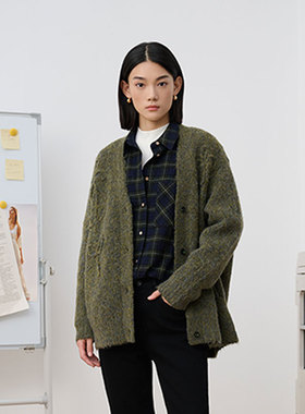 MIIWII末未25冬绿色v领针织开衫简约外套花纱针织上衣女X254211