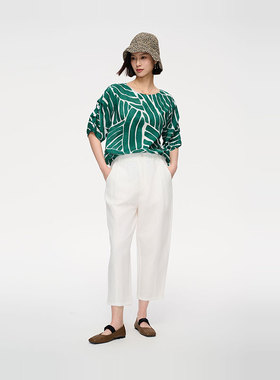 MIIWII末未25夏绿色全棉圆领短袖休闲田园风印花上衣女S252510