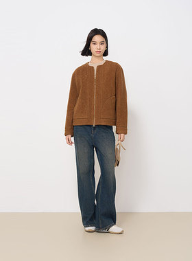 MIIWII末未24冬咖色圆领呢料短外套简约百搭羊羔毛外套女W244415