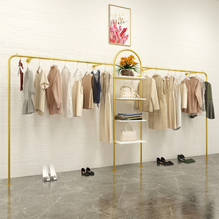 店展示架上墙落w地式 约金色服装 装 带正挂置物架靠墙衣架货架