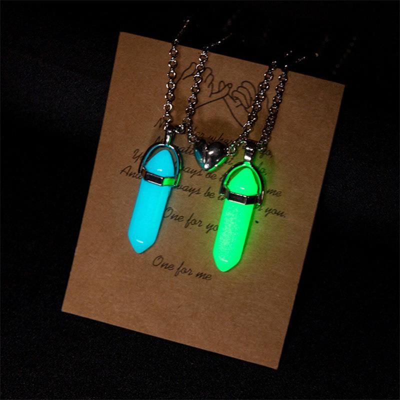 2Pcs/Set Luminous Hexagonal Column Heart Pendant Couple Magn