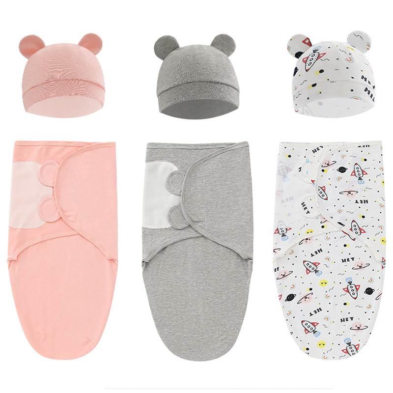 100% Cotton Baby Swaddle Blanket Swaddle Wrap Baby Hat Set