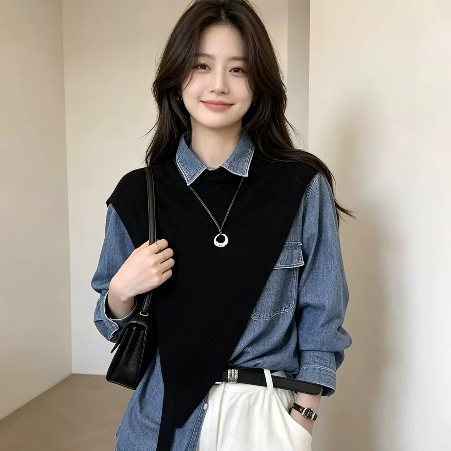 不规则斜角针织三角披肩女系带