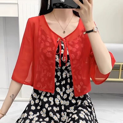 雪纺短款配旗袍裙子的开衫纯色百搭小披肩优雅女短外套系带开衫