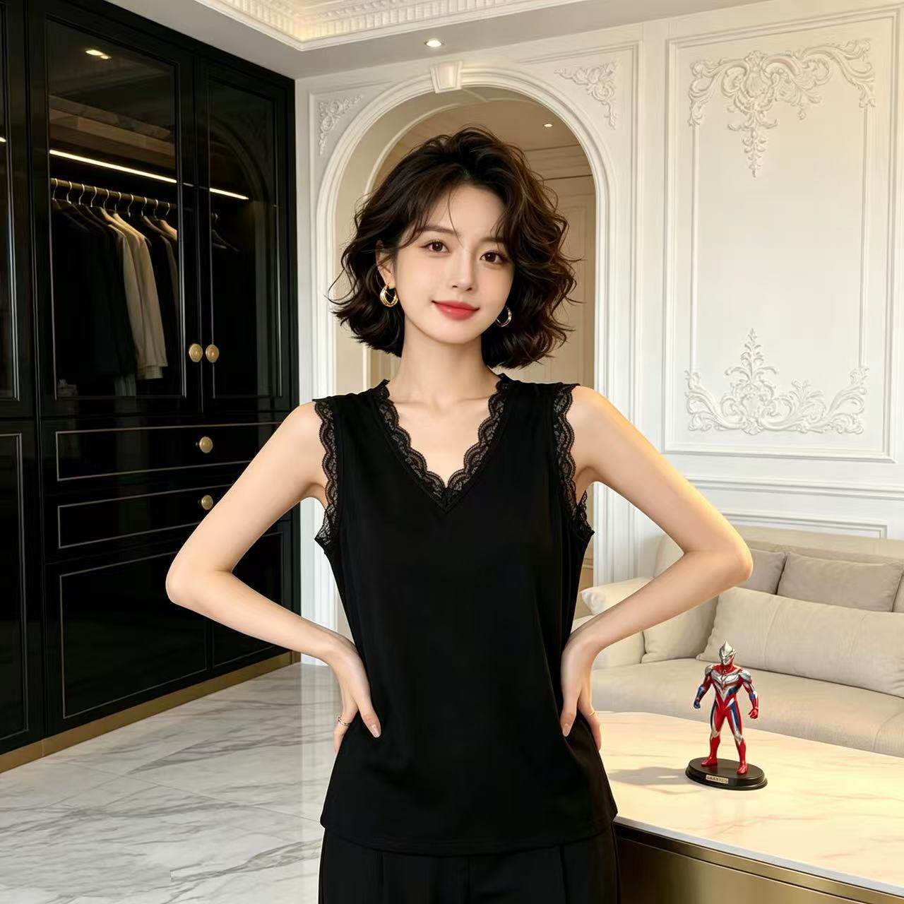 通勤V领蕾丝吊带背心遮肚显瘦