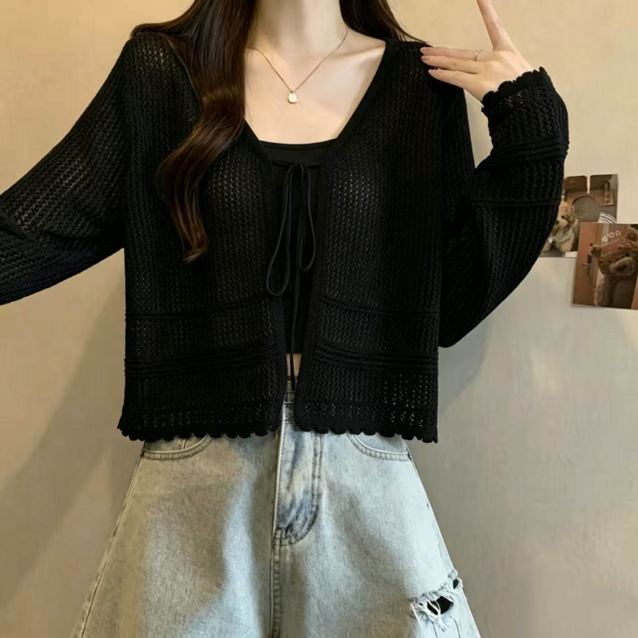 夏季黑色系带防晒镂空短外套女