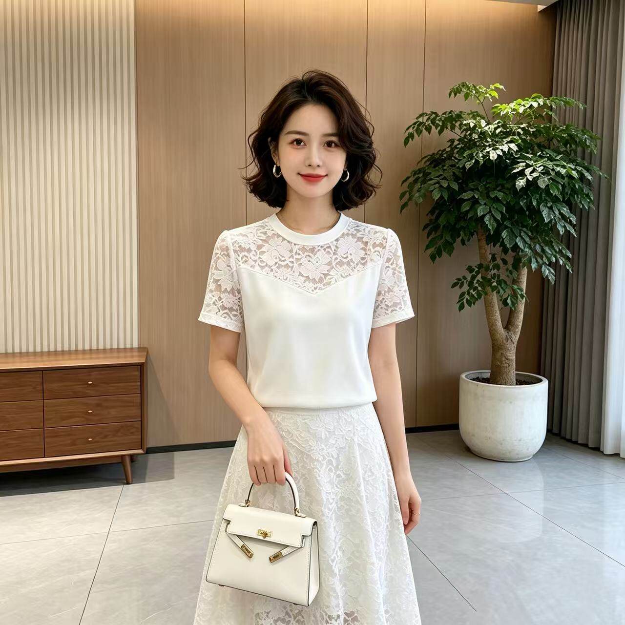 夏季冰丝蕾丝拼接短袖T恤女薄款