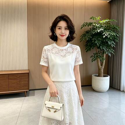 高级感白色蕾丝纯色拼接短袖女夏季冰丝薄款气质减龄新款T恤上衣