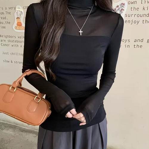 秋装高领网纱百搭打底T恤女