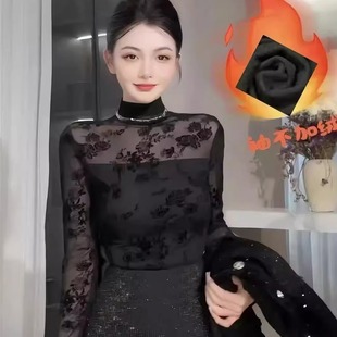 黑色蕾丝打底衫女新款高级感洋气百搭半高领轻熟长袖双层网纱上衣