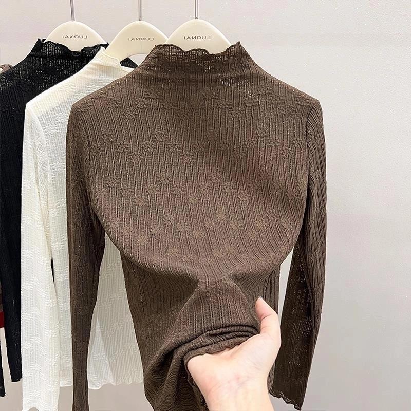 春秋半高领蕾丝木耳边修身打底
