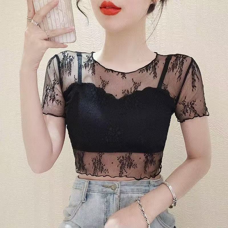 夏款蕾丝网纱短袖T恤女黑色