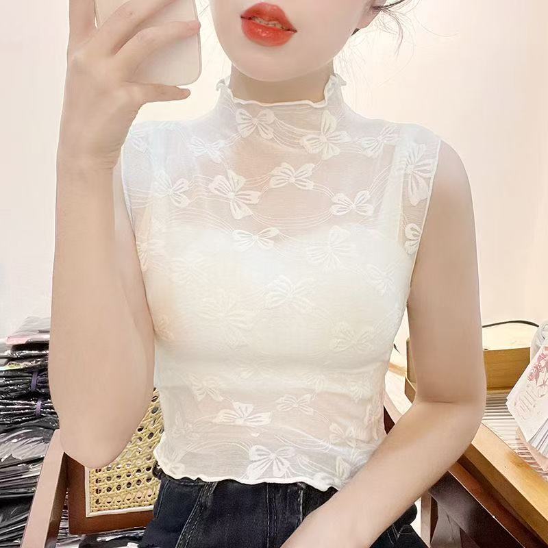 蕾丝提花假领无袖背心女木耳边