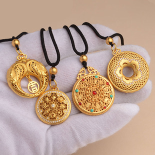 古法沙金吊坠新款八宝罗盘项链珐琅彩镂空吉字平安扣双鱼毛衣链