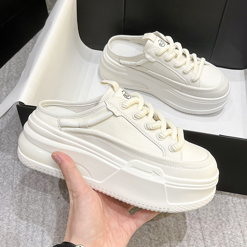 包头半拖鞋女外穿2026夏季新款真皮厚底增高半拖小白鞋女懒人休闲