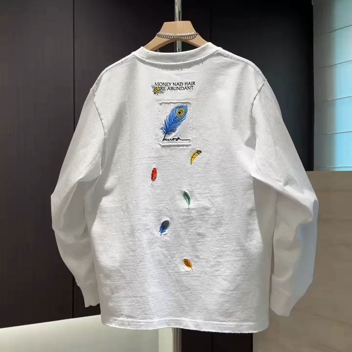 羽毛刺绣纯棉磨边破洞重磅痞帅男士圆领卫衣26高级设计感长袖T恤