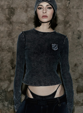 BADBLOOD[w-tee25-014] 锈色牛仔修身长袖T恤 - 蓝色/黑色