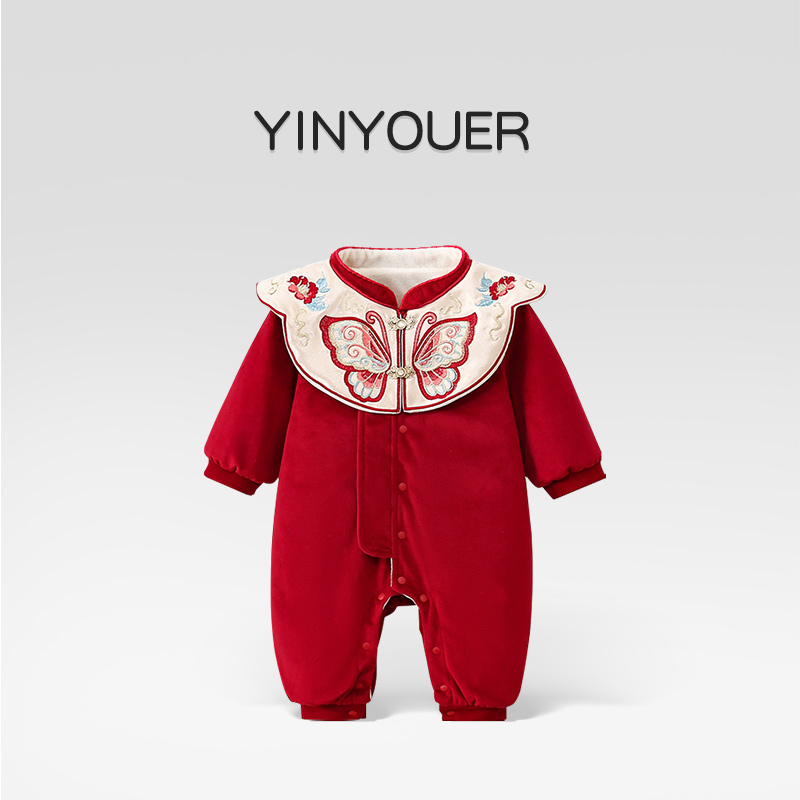 秋冬婴儿中国风红色拜年服爬爬服