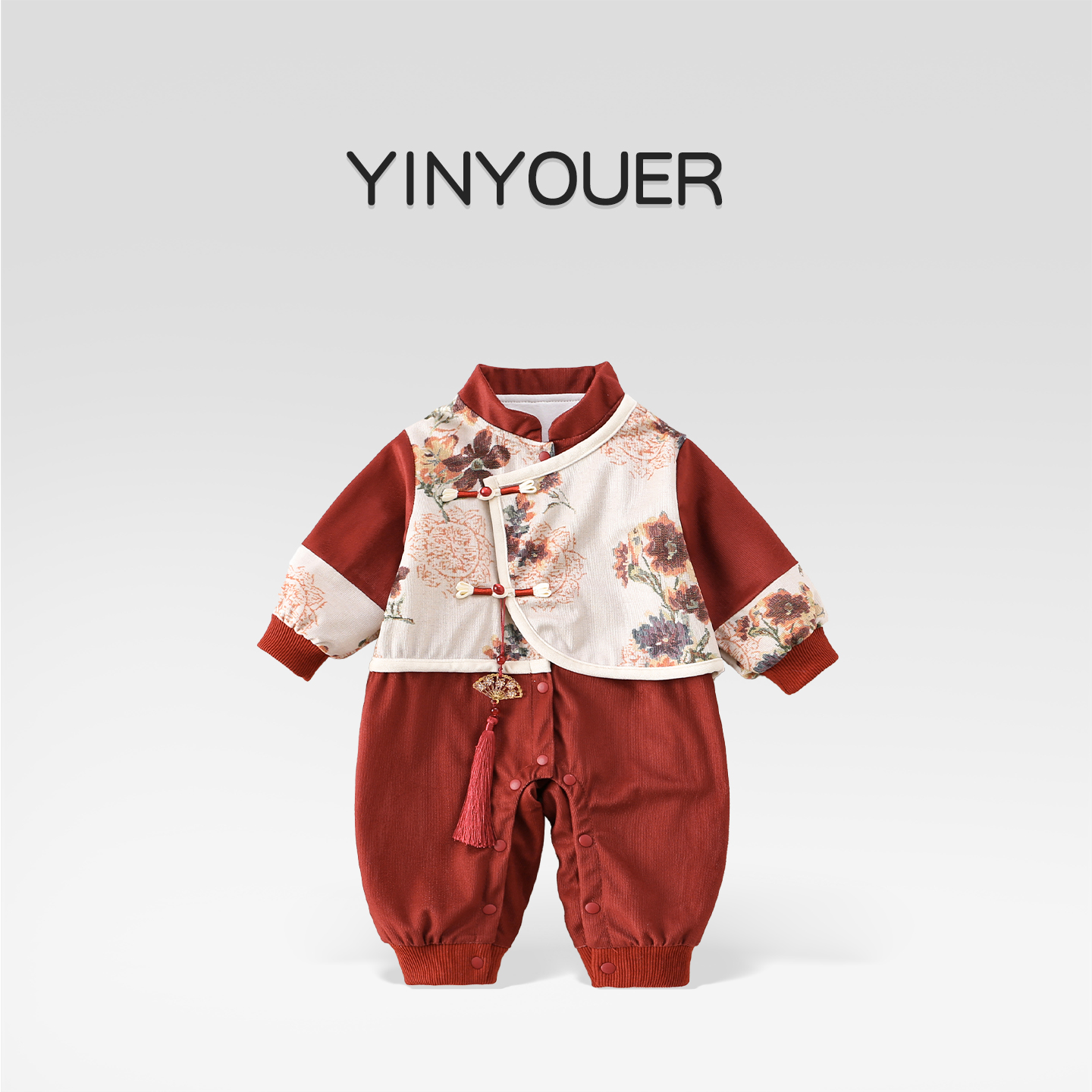 新中式婴儿春秋红色连体衣外出服