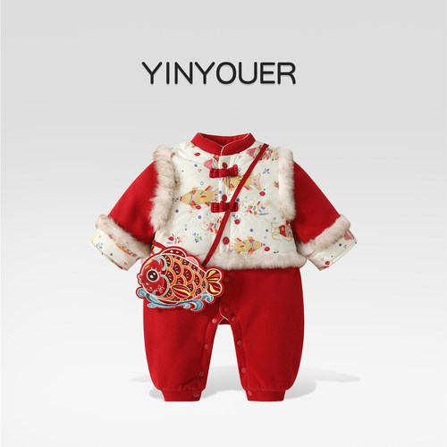 婴儿冬季过年衣服喜庆夹棉连体衣