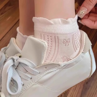 网眼透气纯棉蕾丝可爱短筒袜船袜 薄款 新款 白色花边袜子女短袜夏季