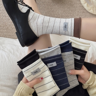 韩系条纹袜子中筒袜女秋冬款 棉质长袜布标egg日系百搭ins潮堆堆袜