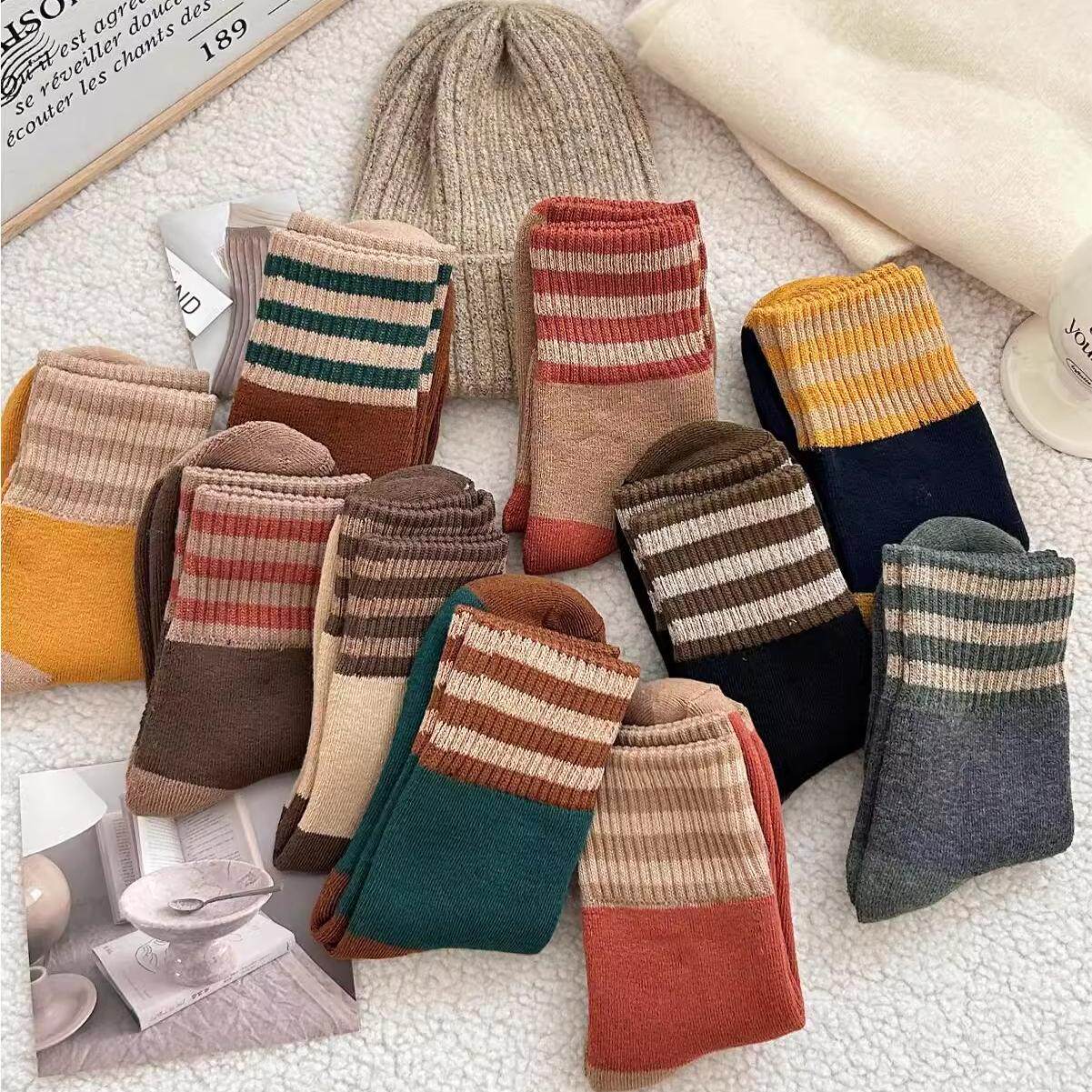 加绒加厚毛巾袜秋冬季条纹美拉德保暖冬天长袜秋冬款中筒棉袜子女