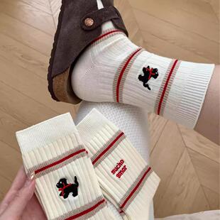 袜子女春秋韩系少女中筒袜小狗刺绣堆堆袜棉韩版条纹AB袜潮袜
