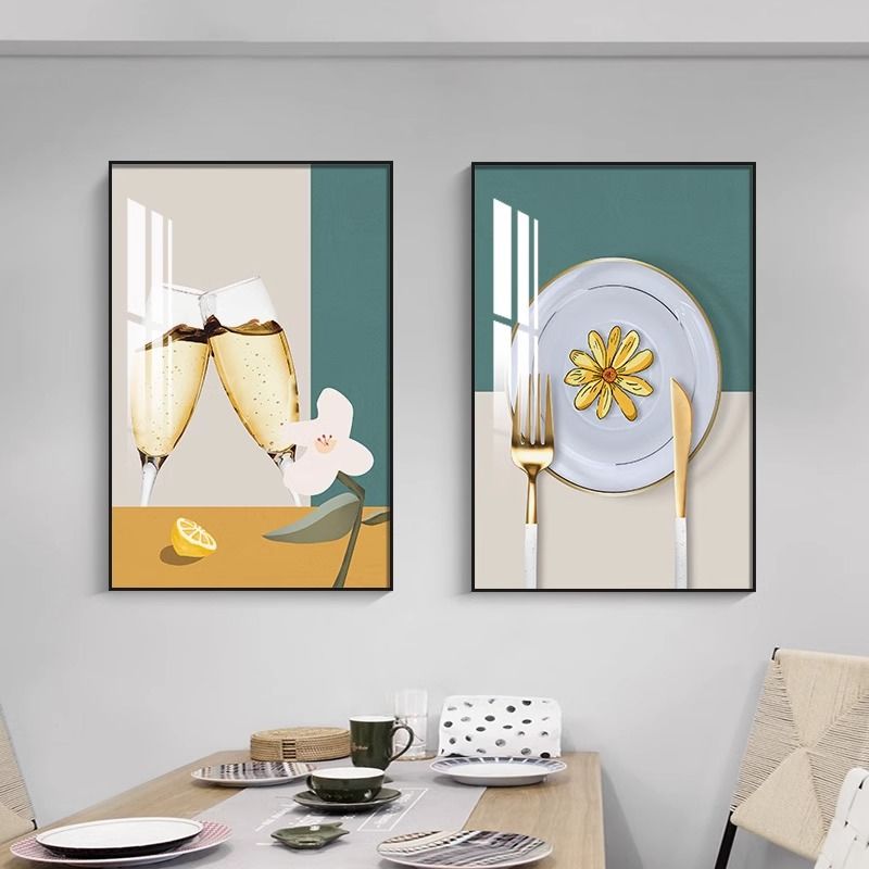 餐厅装饰画北欧饭厅挂画创意酒杯餐桌墙面两联画现代简约大气壁画图片