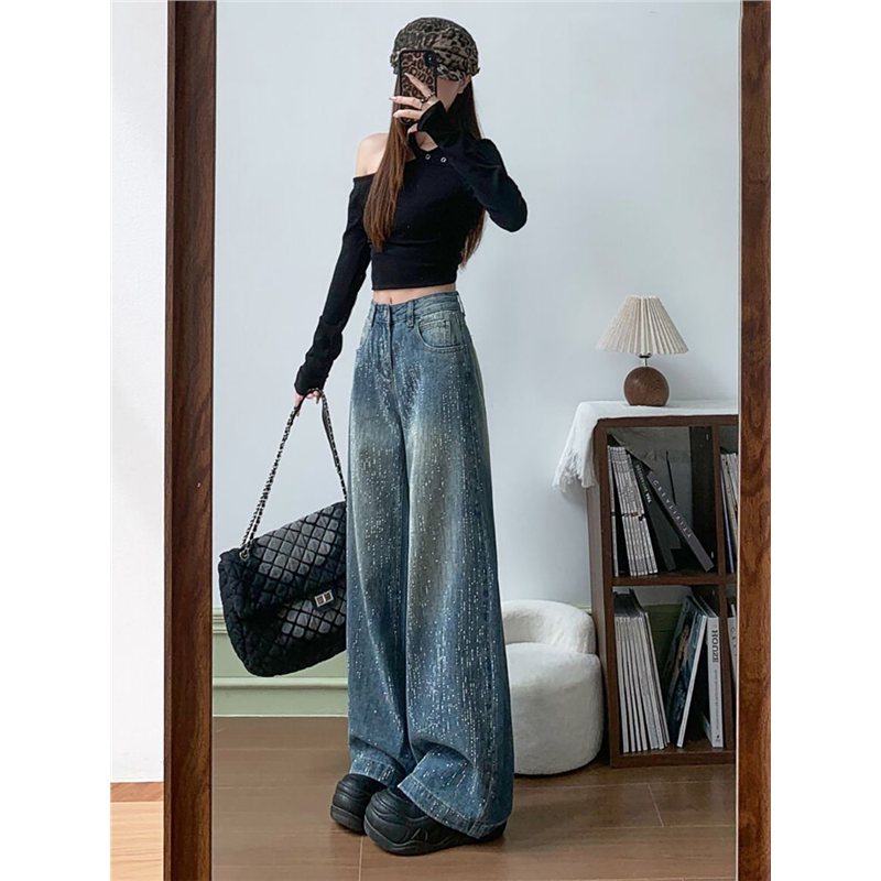 复古蓝烫钻阔腿牛仔裤女2026新款高腰宽松爆闪满天星高级感拖地裤