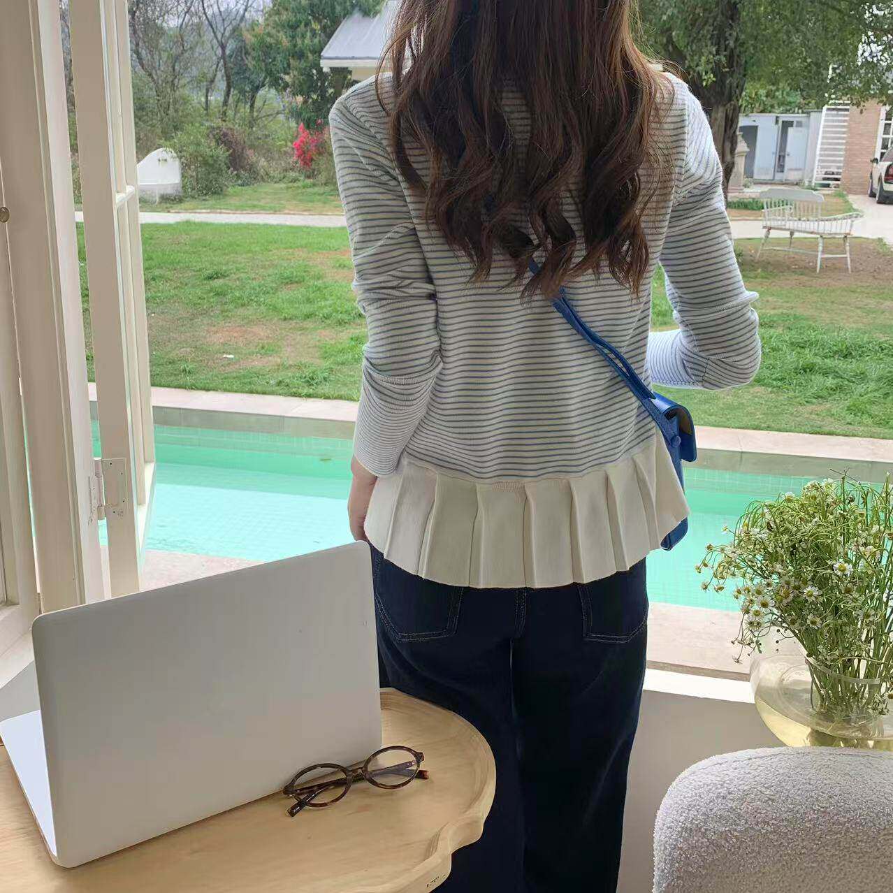 北岛AMUU原创拼色条纹百褶下摆针织衫女早春新款小众长袖上衣