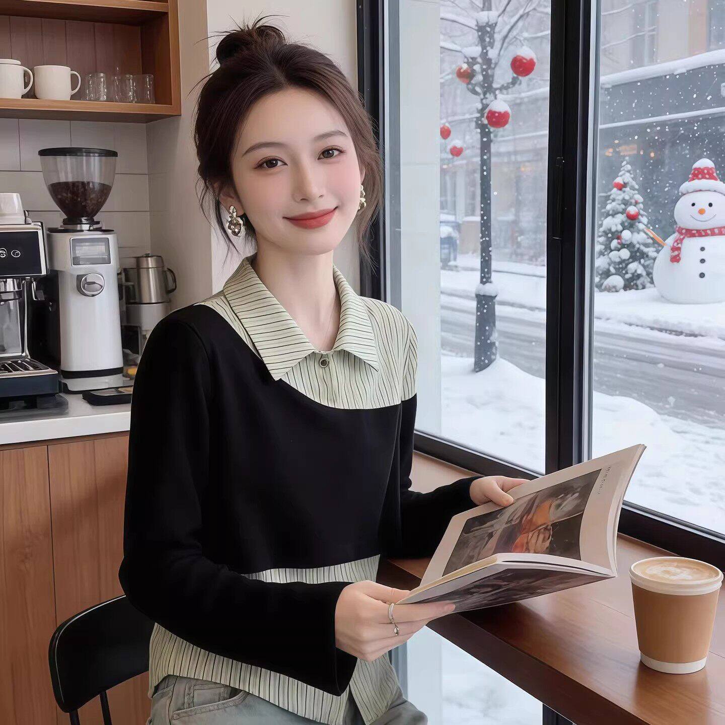 大尺码假两件拼接长袖条纹衬衫女2026早春胖mm显瘦宽松独特别致上