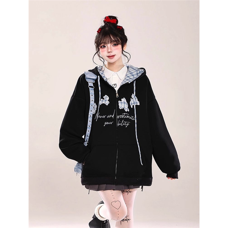 韩系慵懒风刺绣连帽卫衣女款秋冬季穿搭减龄宽松休闲加绒开衫外套