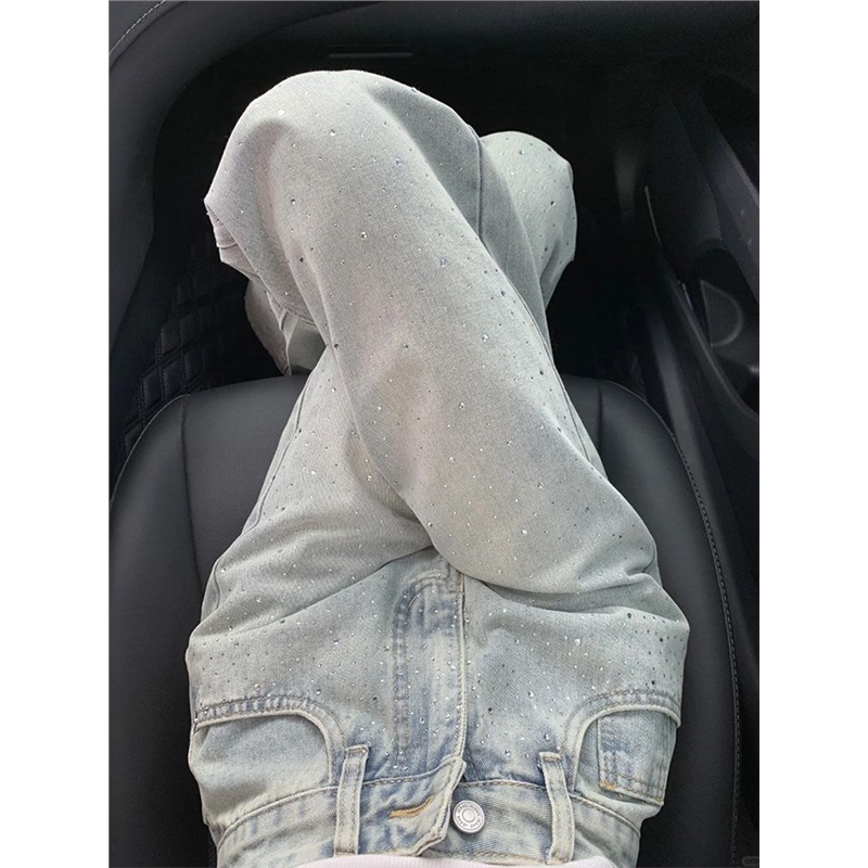 拉夏贝尔浅蓝色阔腿牛仔裤女春季高腰显瘦烫钻设计感宽松直筒裤子