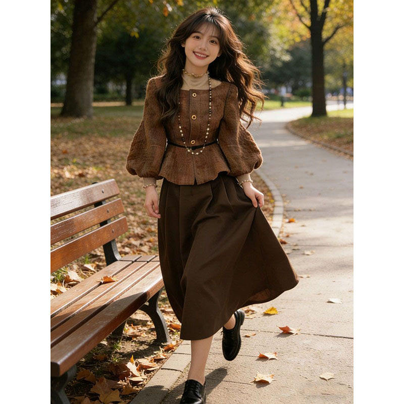 小个子穿搭复古两件套2026春季新款韩系收腰灯笼袖上衣半身裙套装