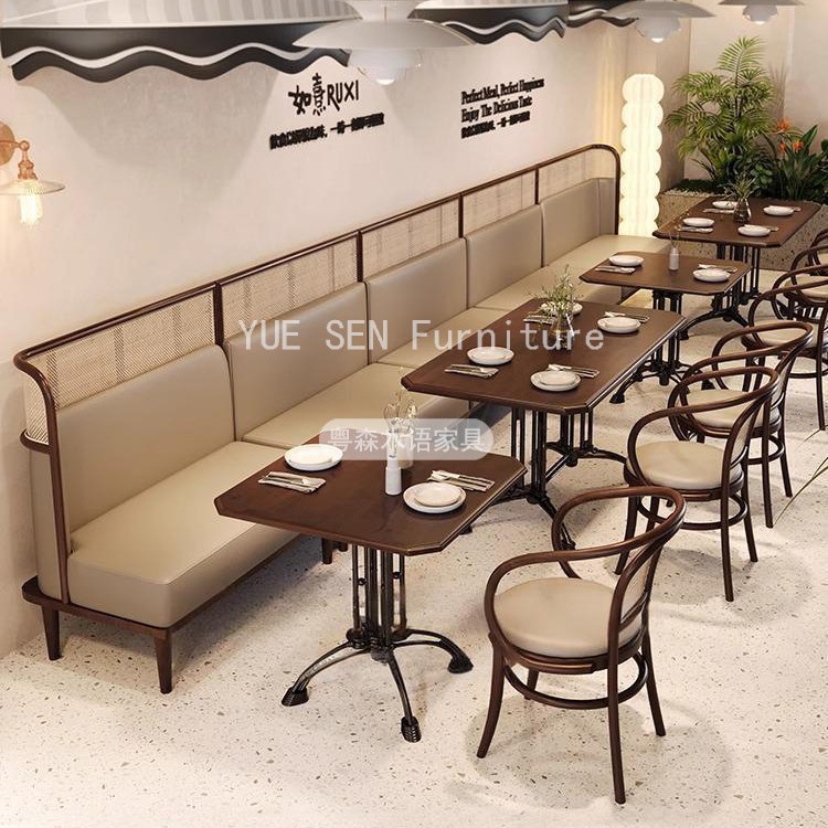 靠墙实木复古茶餐厅卡座沙发酒馆餐吧饭店餐饮藤编餐桌椅组合商用