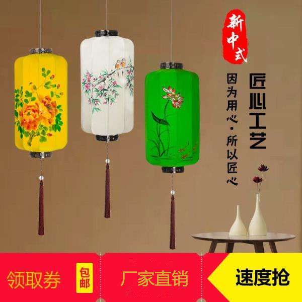 中式布艺手绘灯笼典宫灯餐厅茶楼过道冬瓜长形吊灯具仿古中式灯具