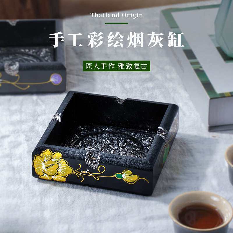 泰国实木方形烟灰缸东南亚特色手工艺品家居装饰摆设旅游纪念