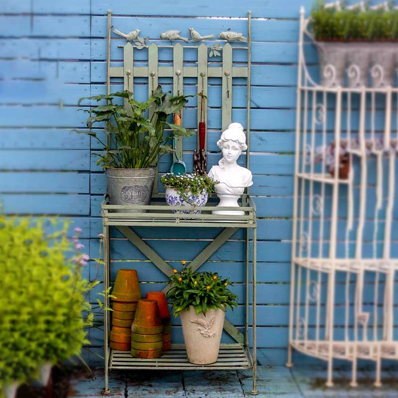 铁艺复古工作台花架阳台带挂钩置物架户外庭院落地式多层爬藤架