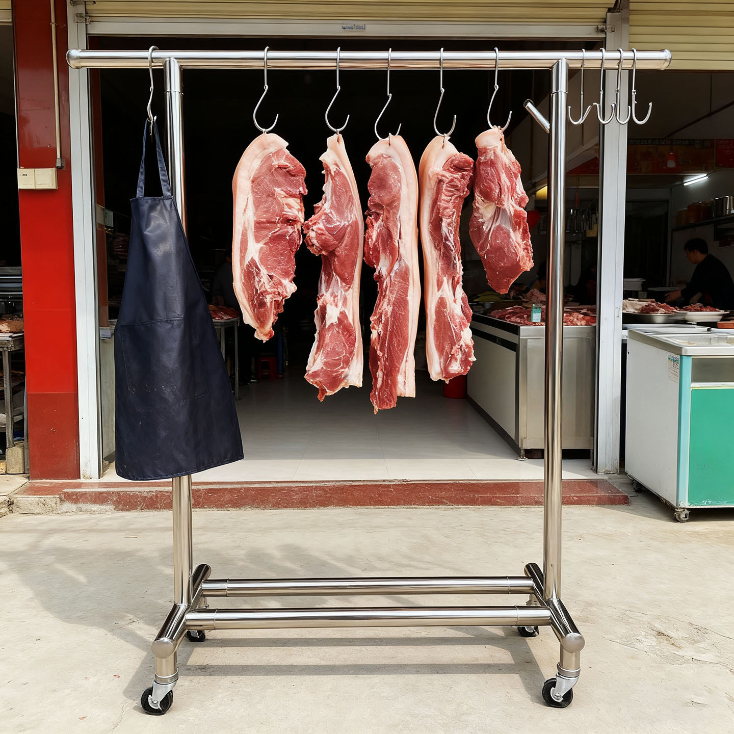 挂猪肉架子不锈钢挂肉卖肉架猪肉架晾肉架烤鸭挂架鸭架带轮子
