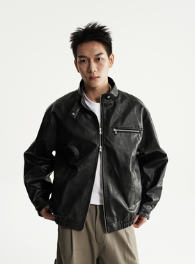 AWT25AW 「挺阔感」简约复古小立领皮衣夹克秋冬短款防风外套男女