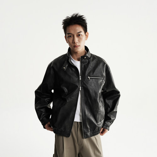 简约复古小立领皮衣夹克