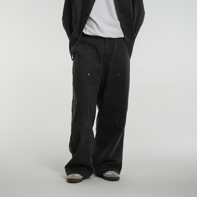 AWT24AW 竹节重工水洗工装裤 贴布撞钉设计 直筒做旧伐木长裤男女