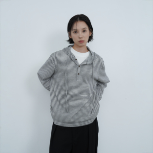 AWT26AW〔条纹连帽针织衫〕亨利领长袖T恤女日式宽松慵懒上衣男