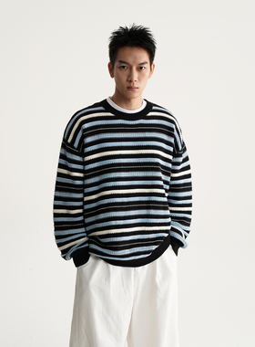 AWT25AW 「24S精梳棉纱」简约宽松慵懒针织条纹撞色毛衣男女同款
