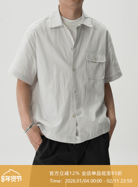 AWT25春夏 小细格泡纱材质 简约素色一片领宽松轻薄短袖口袋衬衫