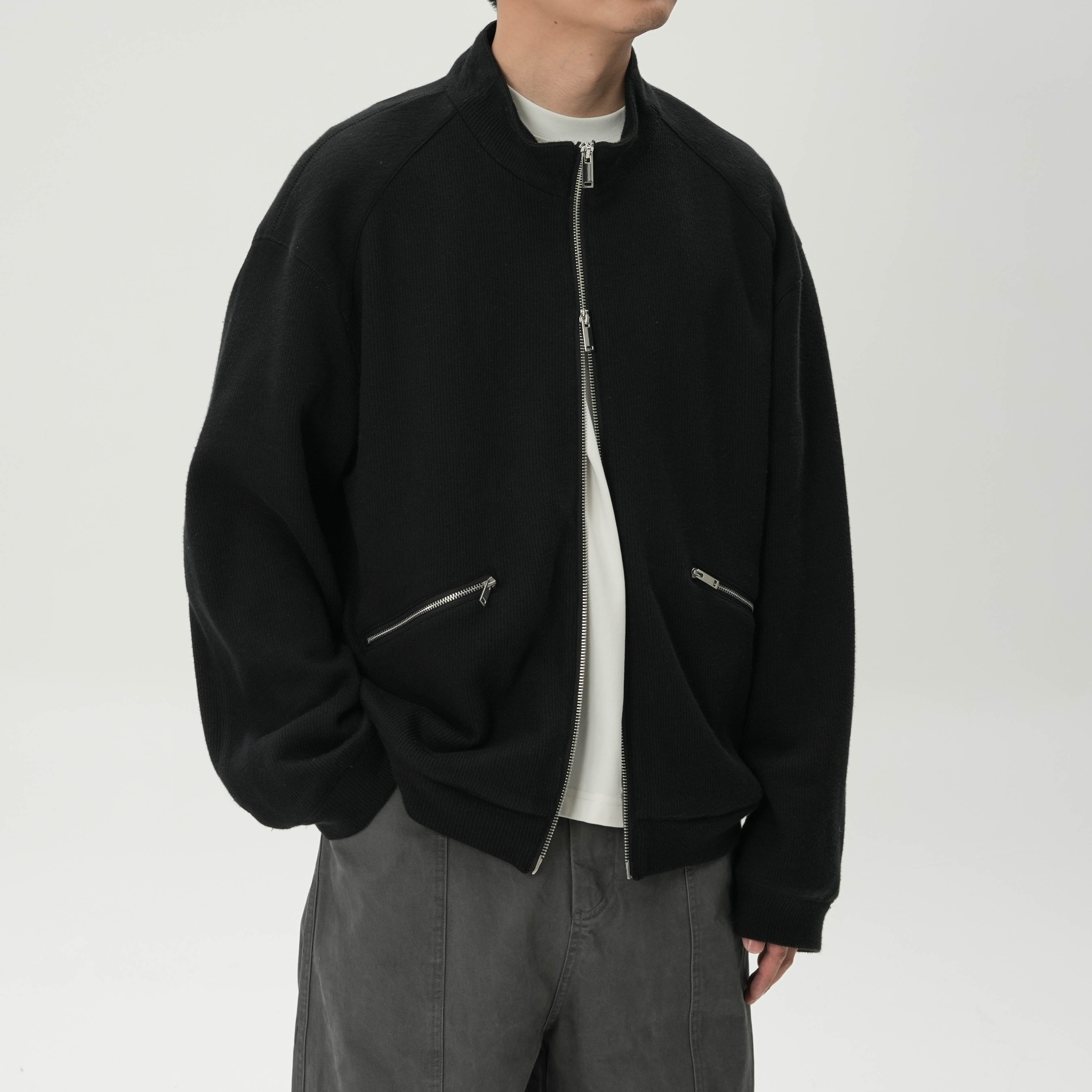 粗支坑条针织拉链外套